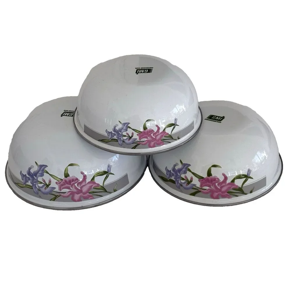 Nesting bowls Metal Mixing Floral Iris Pattern VTG GMI White Enamel Set of 3